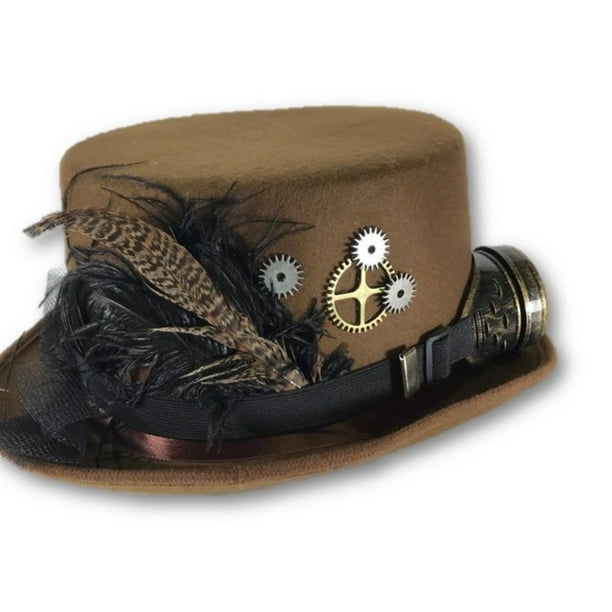 Leather Steampunk Gears Top Hat Deluxe Feather Cap Adult Costume Prop Accessory Leather Steampunk Gears Top Hat Deluxe Feather Cap Adult Costume Prop Accessory