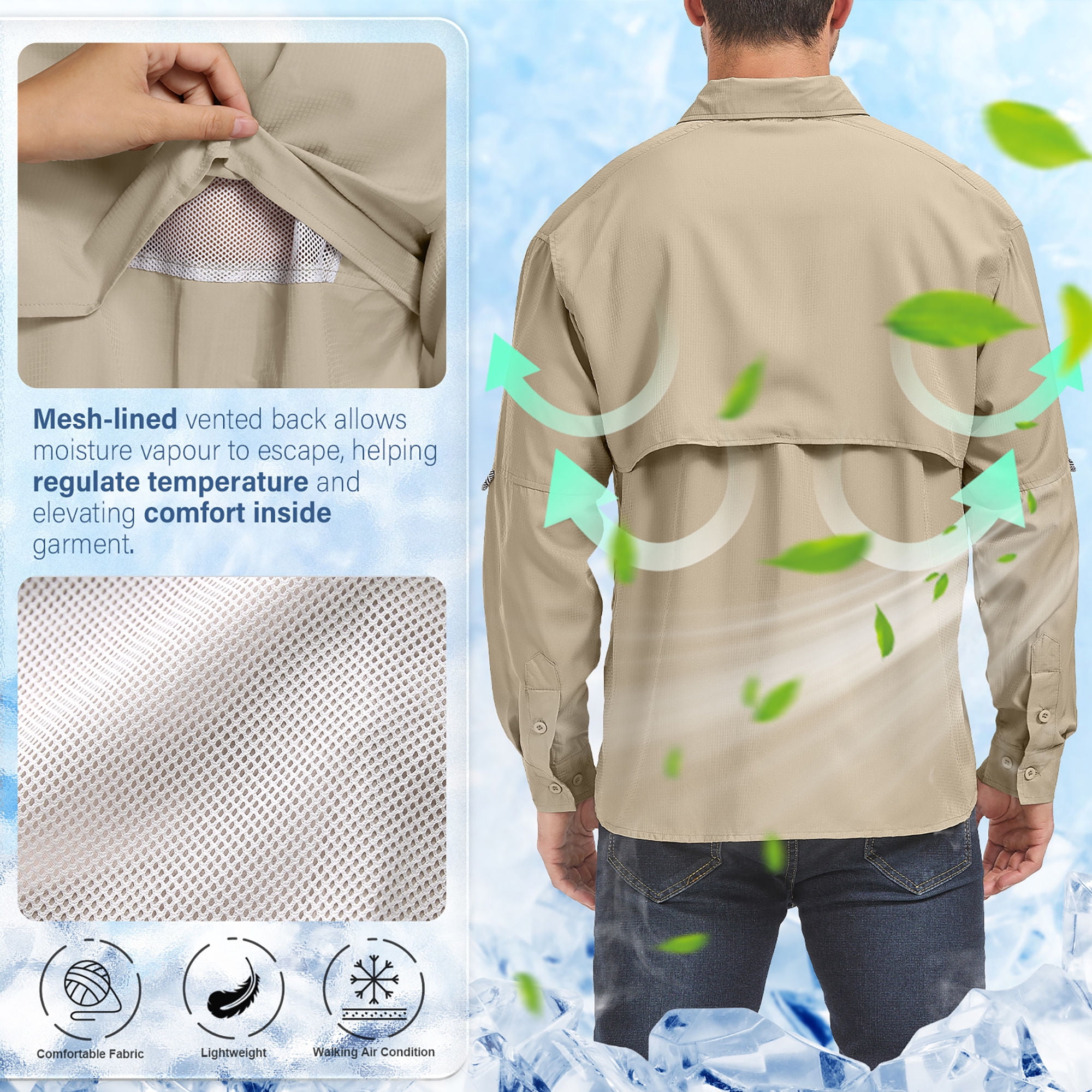 POENTAB Long Sleeve Fishing Shirts for Men Quick Dry Hiking Work Shirt Sun Protection UV UPF 50 Button Down Tops With Mesh Line Outdoor Safari