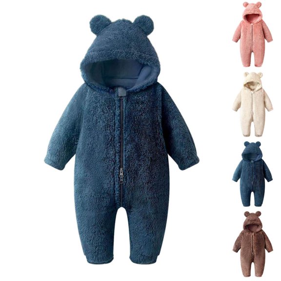 Bxsruta Baby Fleece Jumpsuit Hooded Romper Bear Ear Design One Piece Winter Outfit