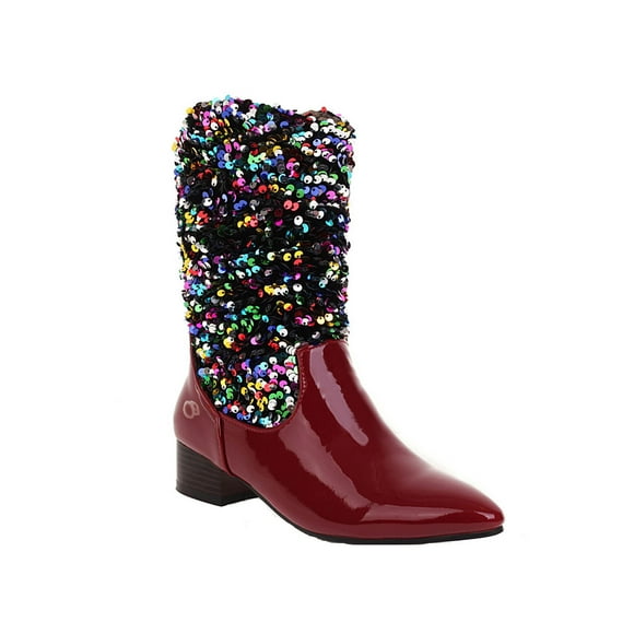 jovati Autumn And Winter Sequins Stitching Patent Leather Pointed Toe Boots Flat Boots