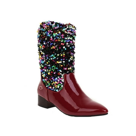 

Rdeuod Mid Calf Boots for Women Autumn and Winter Sequins Stitching Patent Leather Pointed Toe Boots Flat Boots Womens Rain Boots