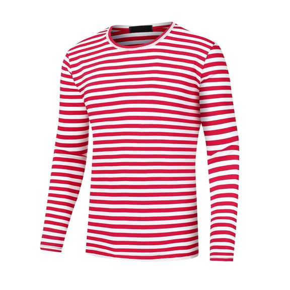 Unique Bargains Men's Striped T-Shirt Crew Neck Long Sleeves Pullover Tee Tops S Red White
