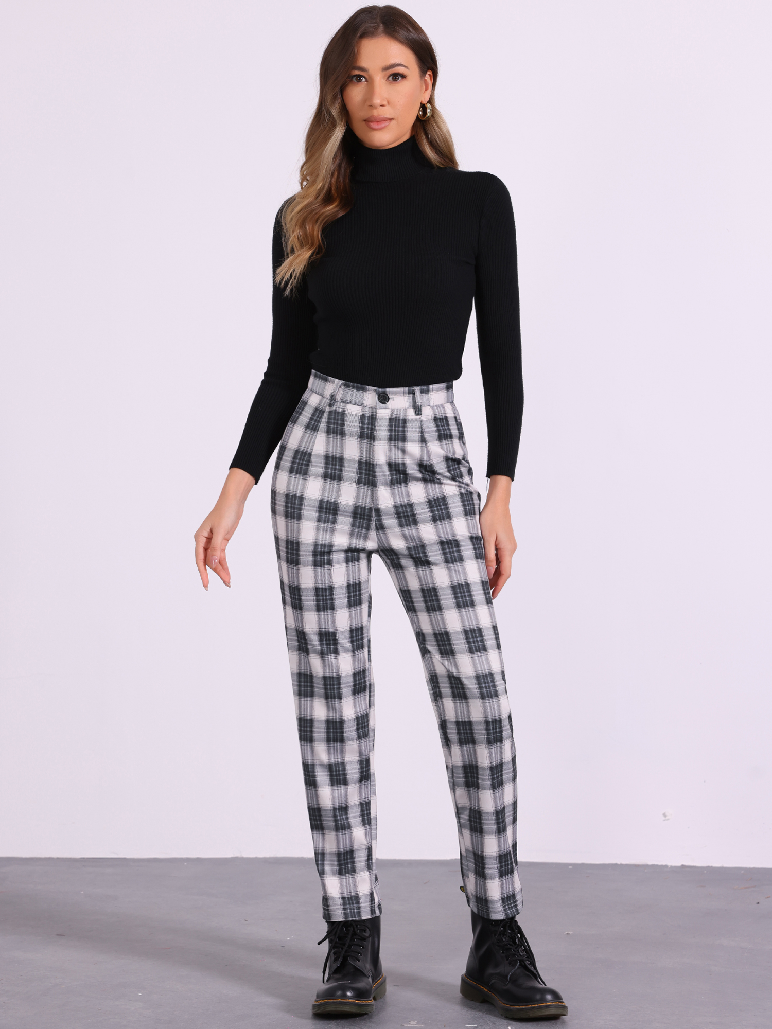 INSPIRE CHIC Women's Plaid Cropped Trousers Button Casual Tartan