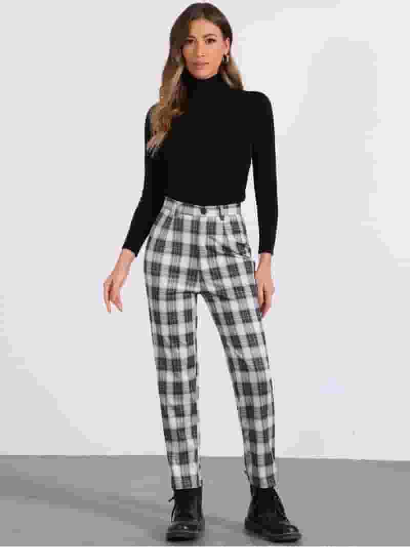 INSPIRE CHIC Women's Plaid Cropped Trousers Button Casual Tartan