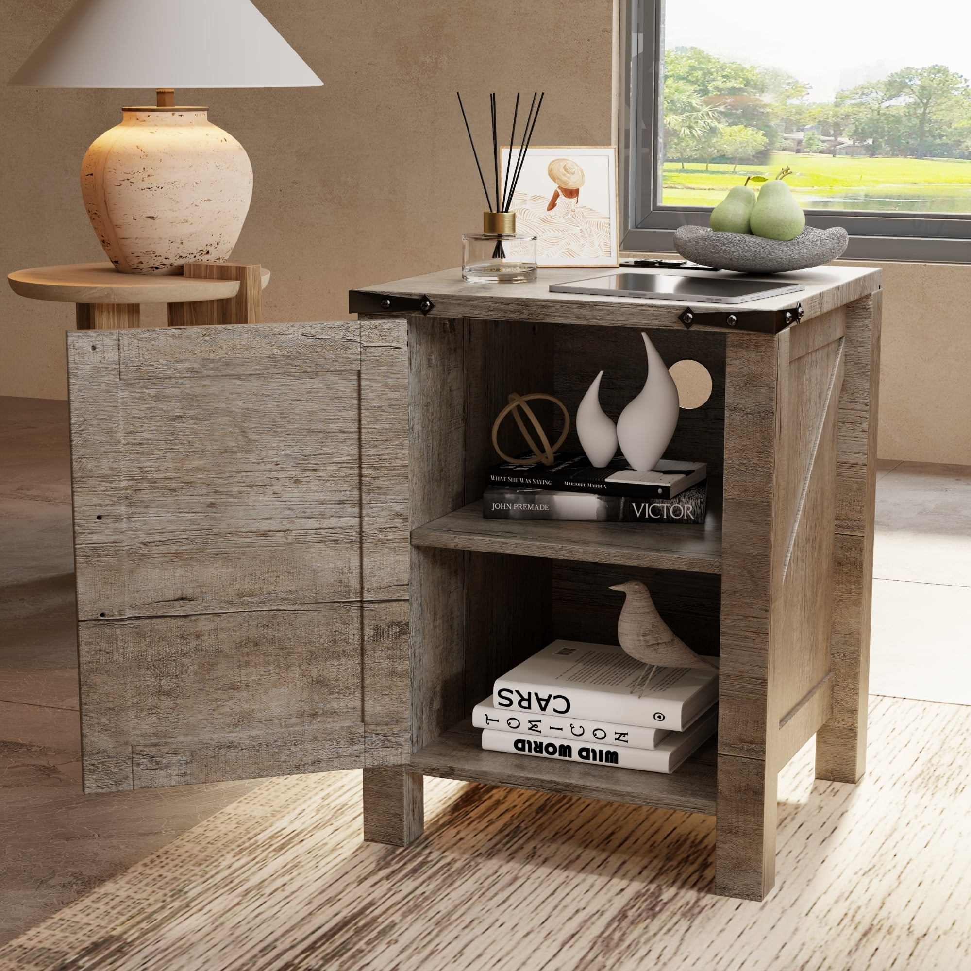 OKD Nightstand Set of 2 with Charging Station, Farmhouse Rustic Wood Side Table for Living Room, End Table for Bedroom, Light Rustic Oak