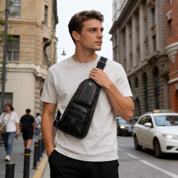 Bolsa bandolera de cuero sintético para hombre Bolsa bandolera con correa ajustable para viajes, trabajo o uso diario