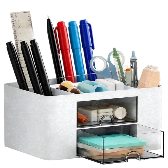 Desktop Pen Organizer with 2 Clear Drawers, Multi-Compartment White Desk Storage Box for Office Supplies and Stationery, Large Vanity Makeup Caddy