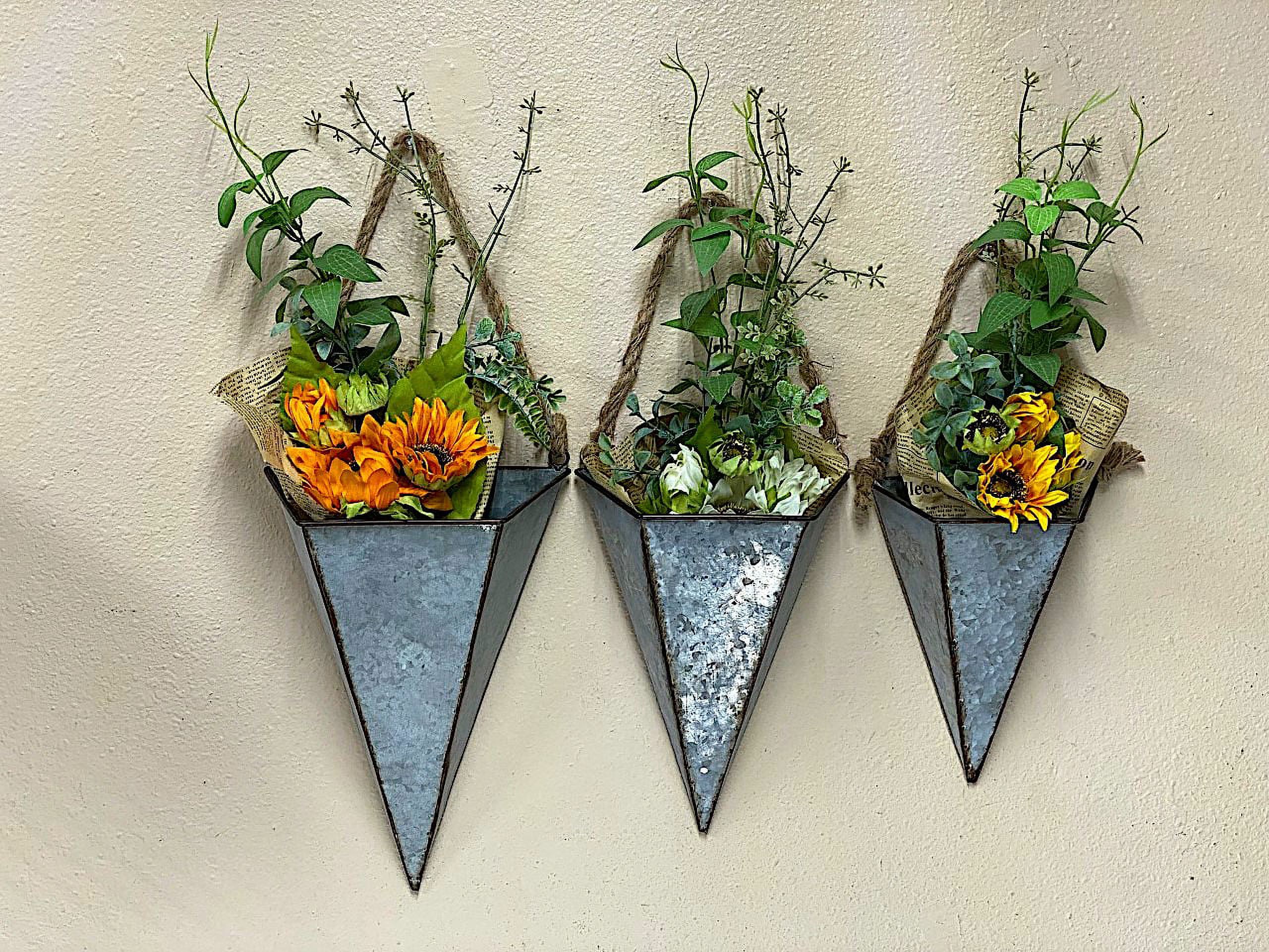 S/3 Hanging Metal Planters Galvanized Pockets W Ropes Cone Shape Modern Urban Rustic Industrial Indoor Outdoor