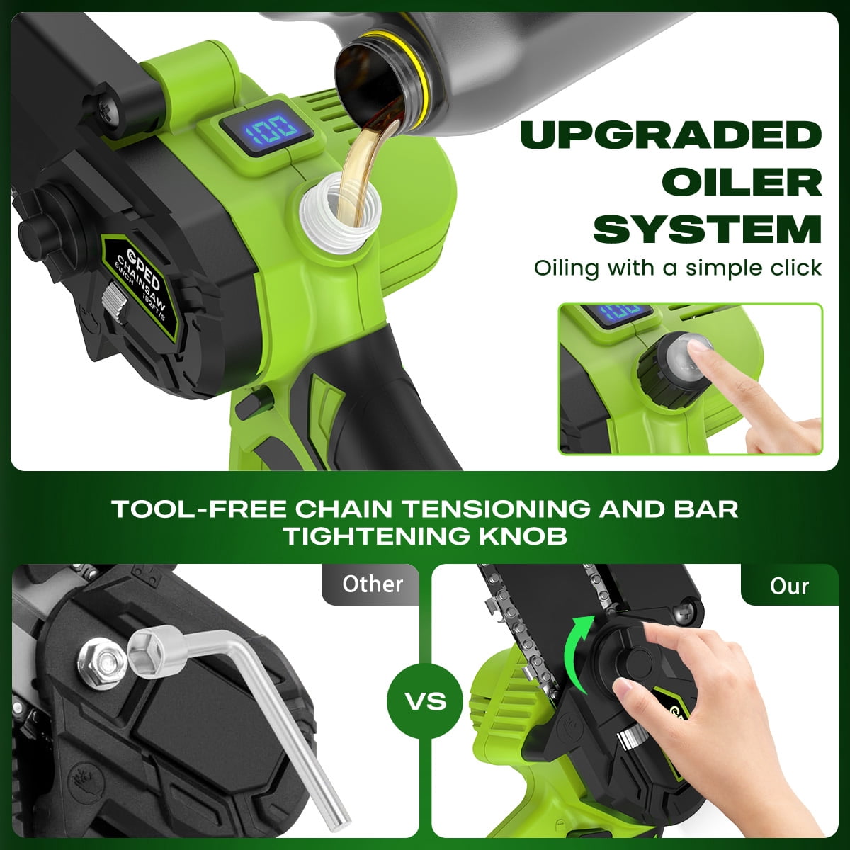 GPED Mini Chainsaw Cordless 6 inch with 2 Battery, Mini Power Chain Saw with Security Lock, Electric Chainsaw, Handheld Small Chainsaw for Tree Trimming Wood Cutting, Green