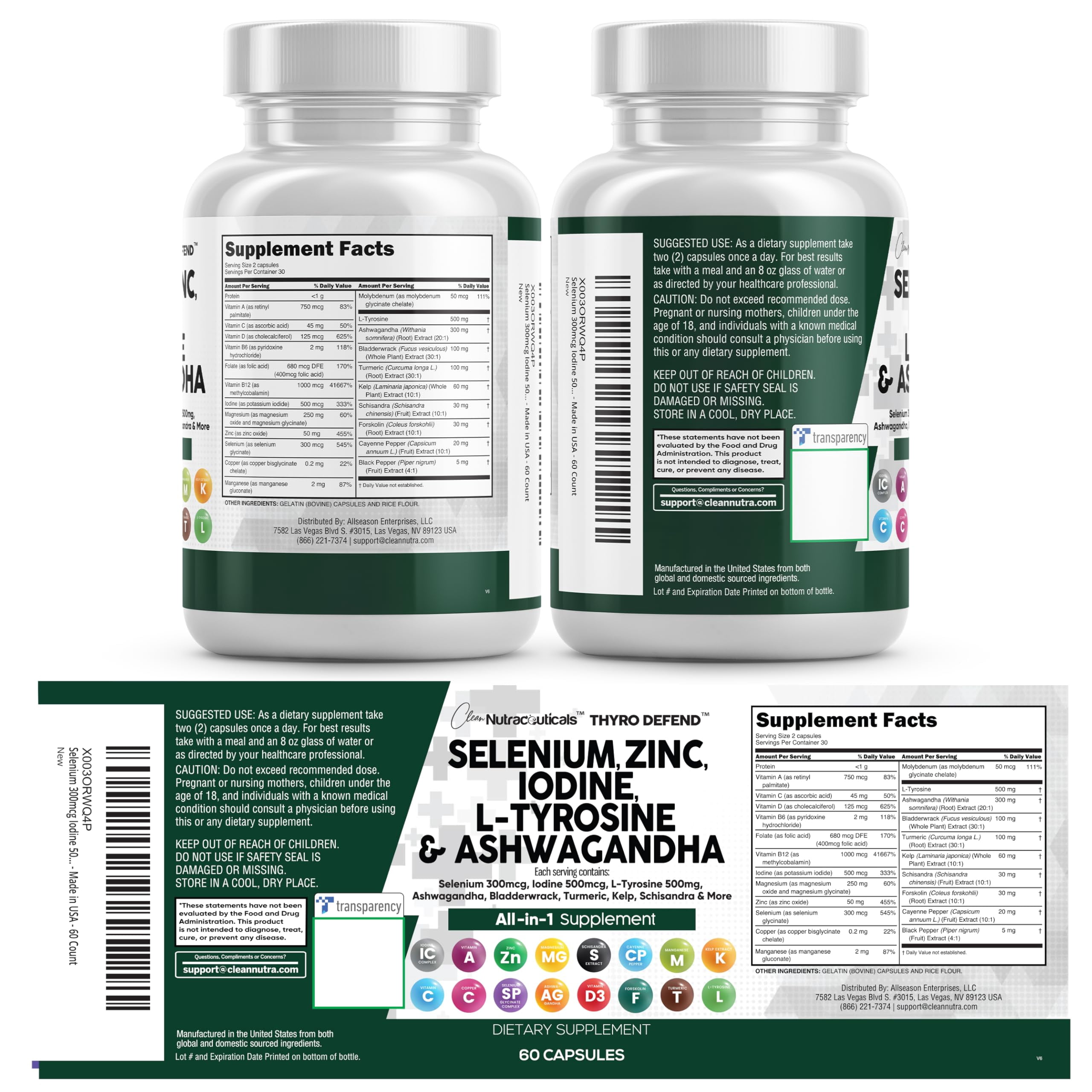 Clean Nutra Selenium 300mcg Iodine 500mcg Thyroid Support for Women & Men | L Tyrosine 500mg Ashwagandha Supplement Bladderwrack, Turmeric, Kelp, Schisandra Zinc Pills Capsule Supplements