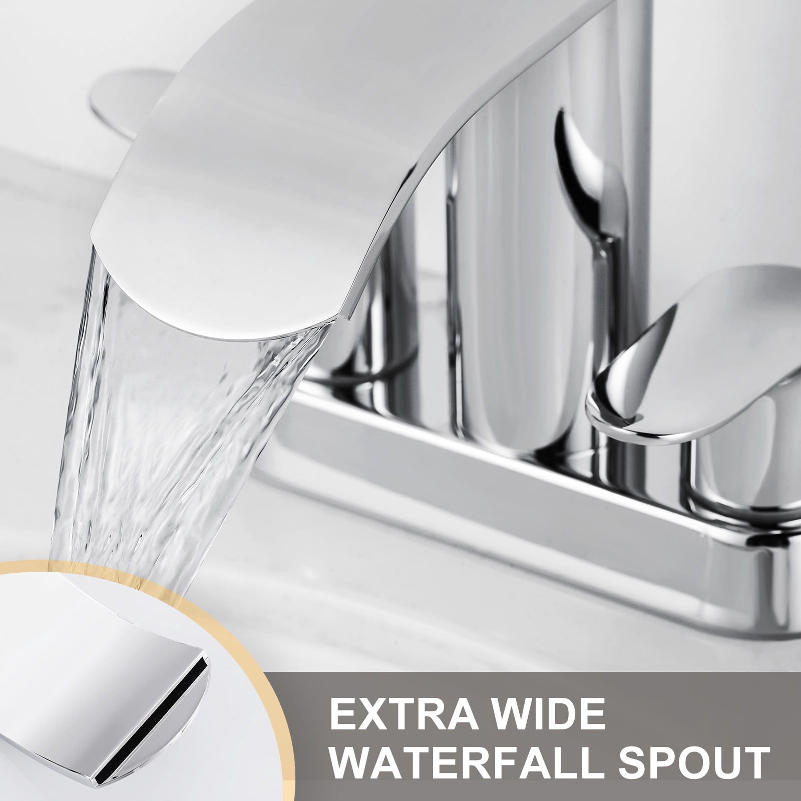 WOWOW Waterfall Bathroom Sink Faucet,Chrome Two Handles Bathroom Faucet with Metal Pop up Sink Drain Stopper, 2 or 3 Holes Bathroom Basin Lavatory Mixer Tap with Deck Mount Plate