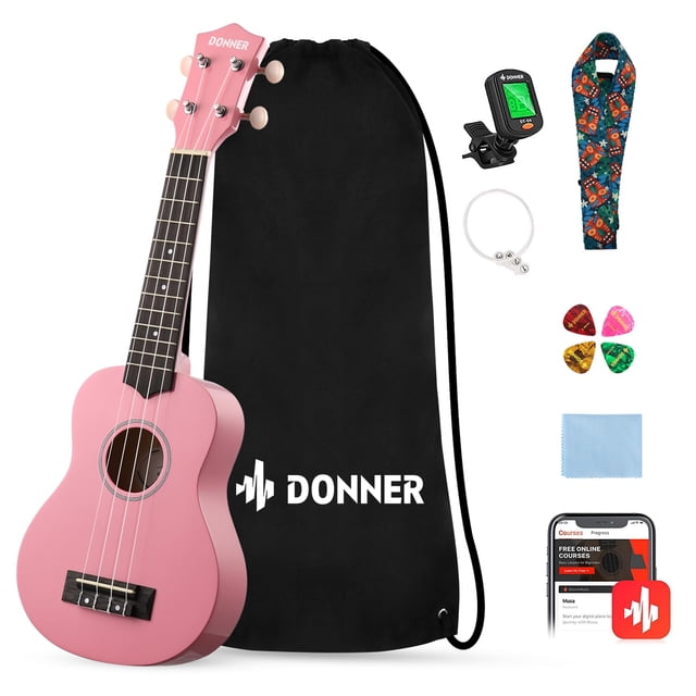 Ukelele soprano Donner para principiantes, 21 pulgadas, rosa, con paquete