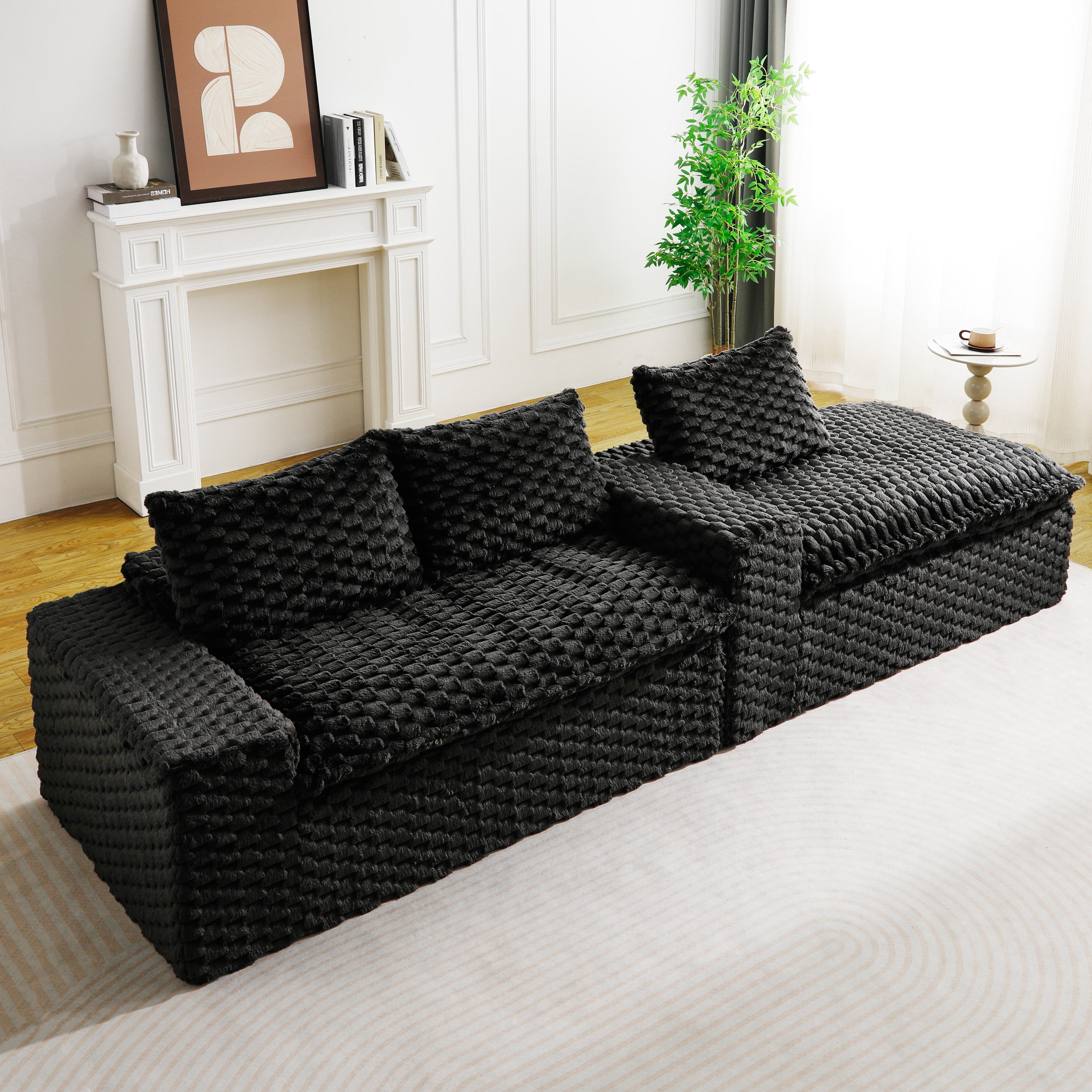 HOQBN 96"W Modular Sectional Sofa,L Shape Modern Corduroy Cloud Couch,Upholstered Deep Seat Boneless Sofa Couch with Right Chaise Lounge for Living Rooms,No Assembly Required,Black