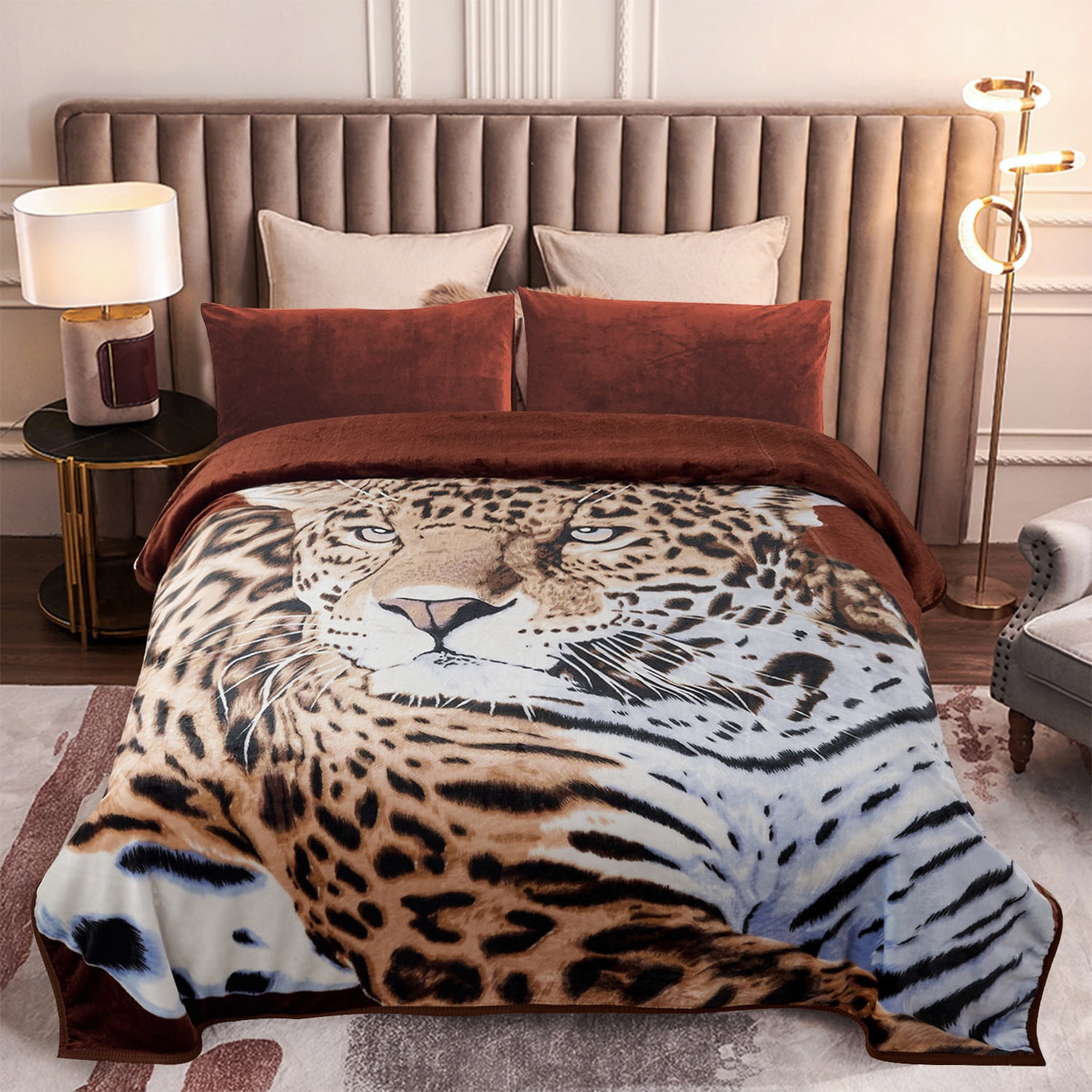 MERRY HOME King Size Fleece Blanket For Bed, A & B Patterns Soft Warm Animal Blanket, Microfiber Plush Middle Weight Bed Blanket For All Season, Leopard /Tiger, 5.7LB, 83"x91"