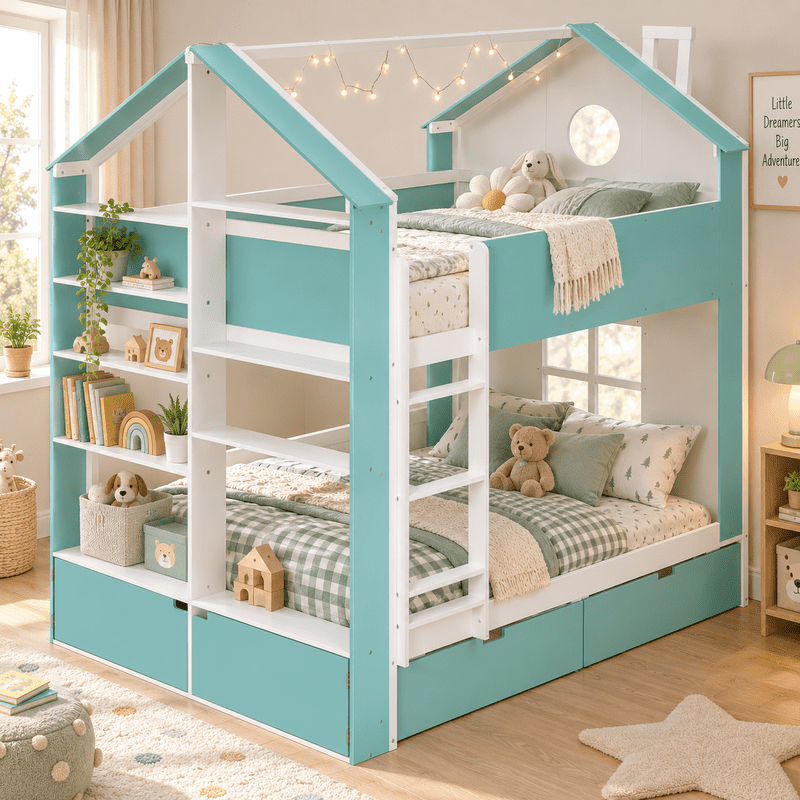 Full Over Full Bunk Bed with Storage Drawers and Shelves, Modern Two-Tone Wood Bunk Bed with LED Light Strip, Safety Guardrails and Ladder, Space-Saving Bed Frame for Kids, Teens