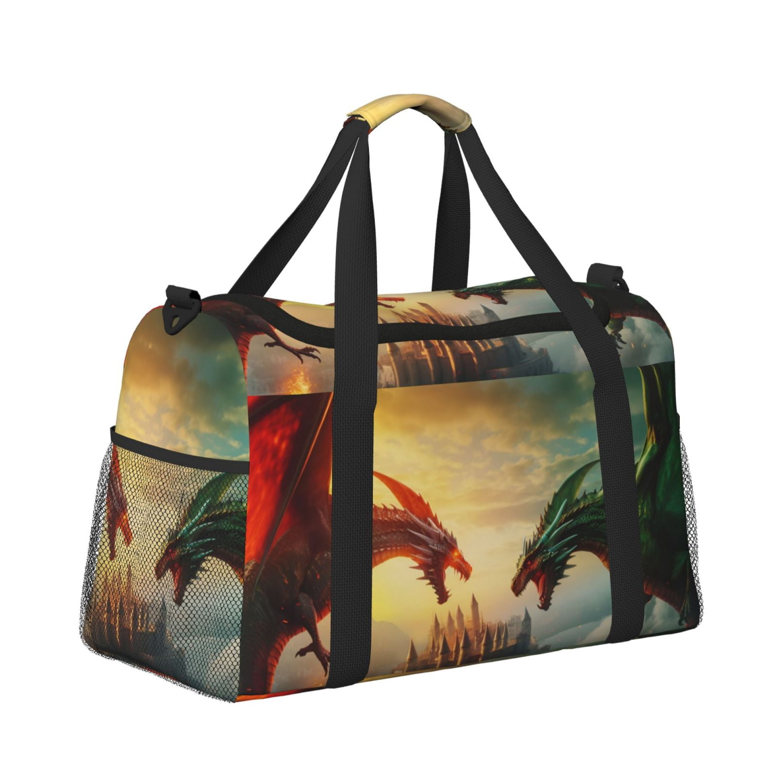 Fuzoiu Castle Red Green Sky Dragon Print Travel Duffle Bag,Carry On Tote Bags,Duffel Bag,Sport Gym Bag, Hospital Bag for Labor and Delivery, Overnight Bag,Luggage Bag