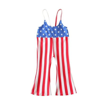 

TFFR Girls Independence Day Jumpsuit Red Blue Stripe and Star Print U-neck Sleeveless Bell Bottom Overalls