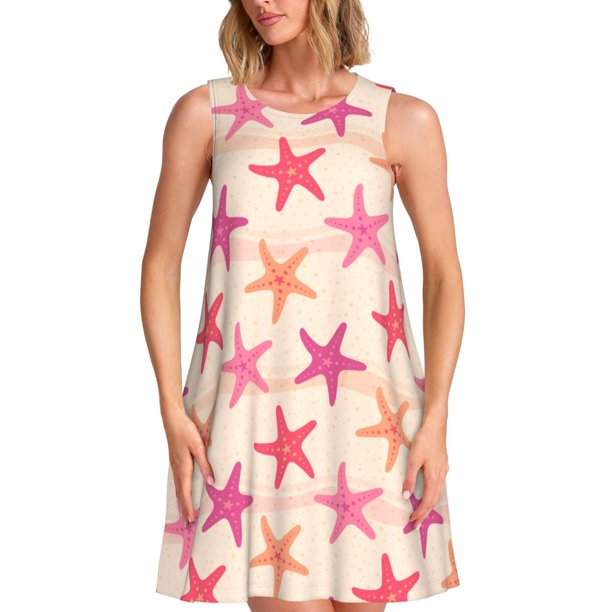 Fotbe Starfish Vestido de Verano sin Mangas para Mujer – Vestido Midi Línea A, Estilo Camiseta Floral, Vestido Playero Casual y Fluido