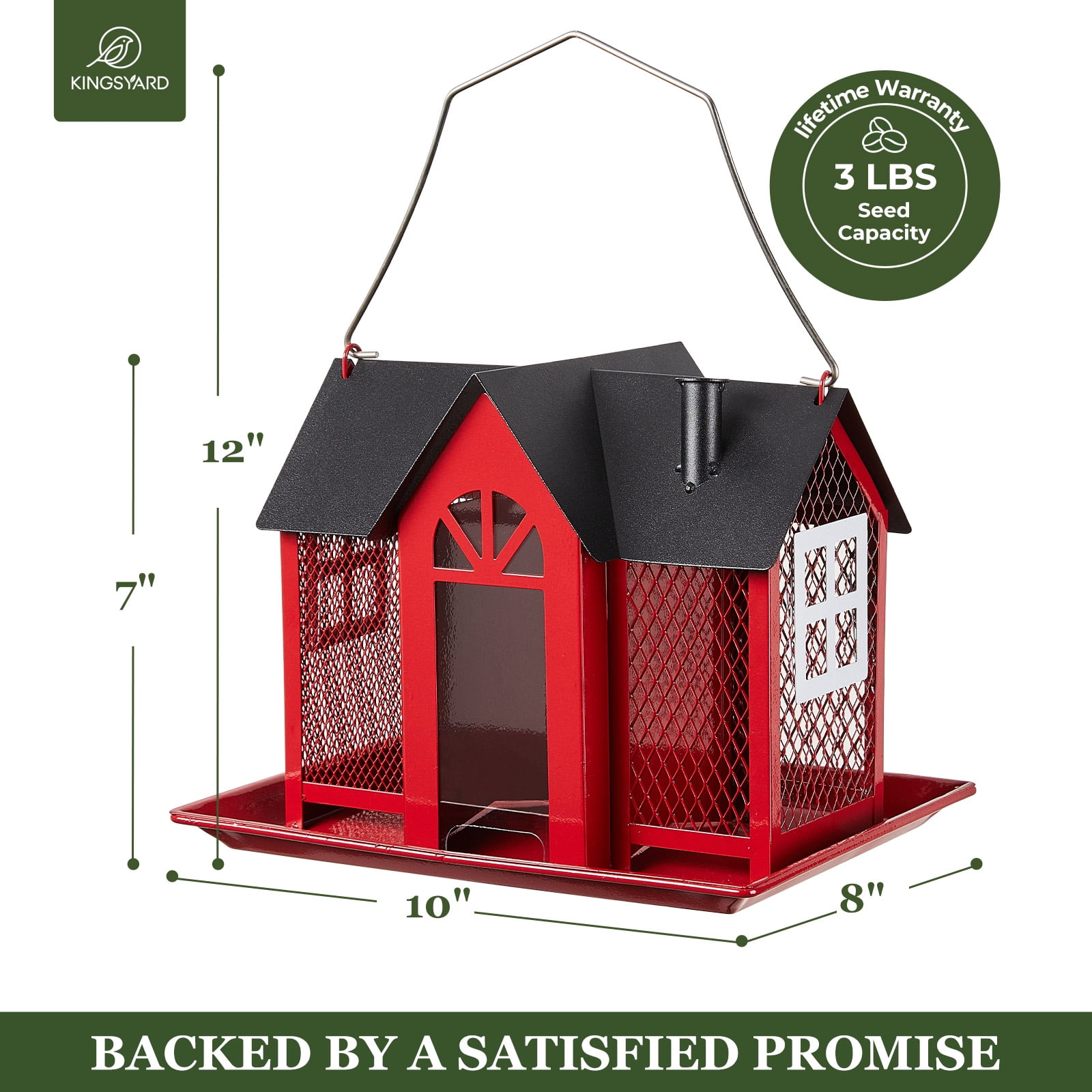 Kingsyard Weatherproof Metal Bird Feeder House, Triple Feeders for Outside Finch Cardinal, Red