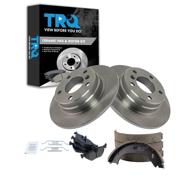 TRQ Rear Brake Pad & Rotor Kit Brake Pads Brake Rotor Parking Brake Shoe Set Ceramic Fits Select 1992 BMW 318i 325i