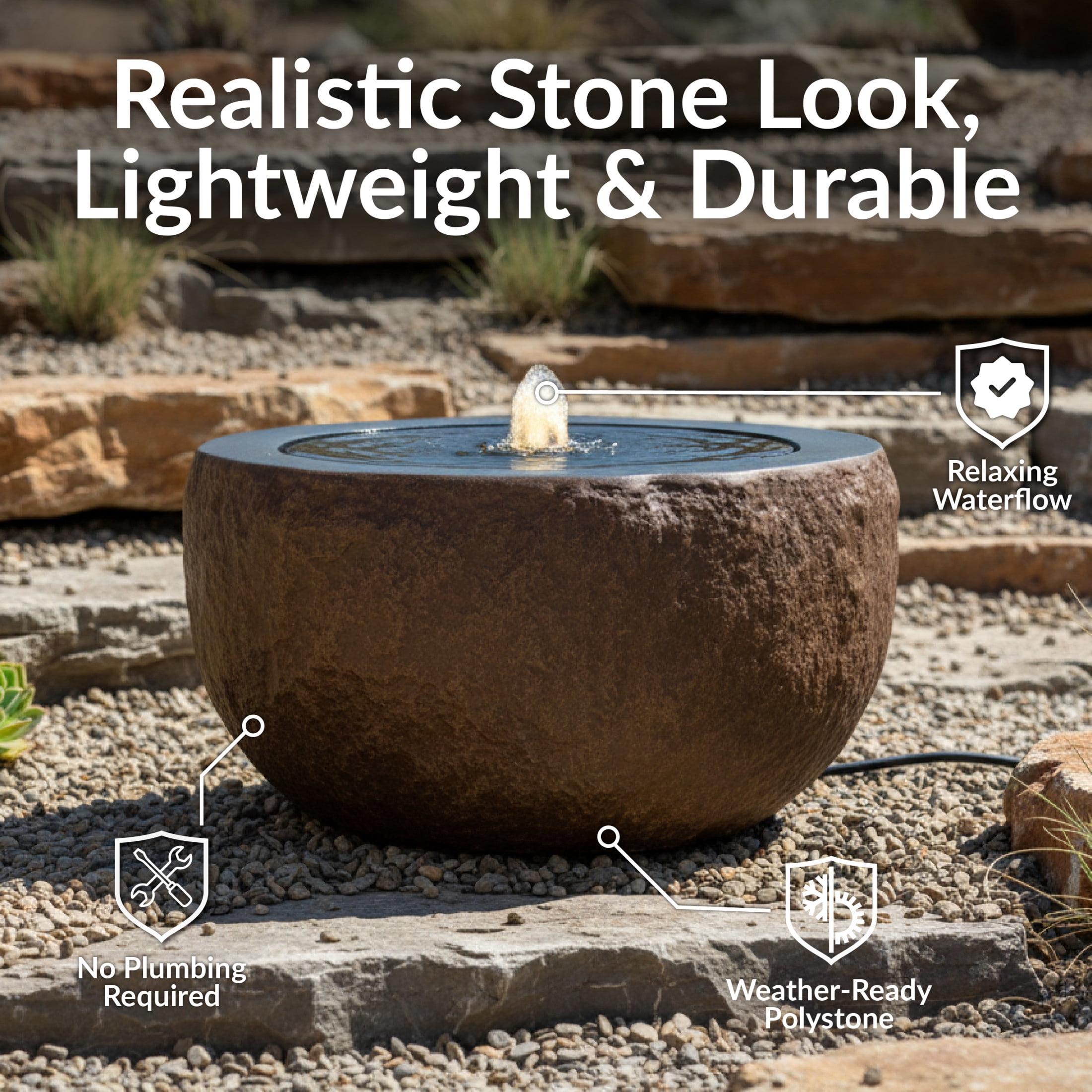 Sunnydaze Round Bowl Brown Outdoor Bubble Fountain, LED Light
