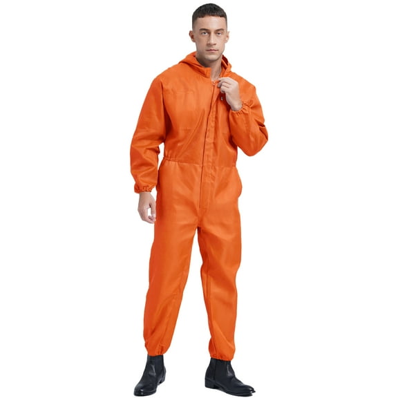 iiniim Men Long Sleeve Hooded Dustproof Mechanic Uniform Workshop Auto Workwear Work Jumpsuit Coverall Orange M/165