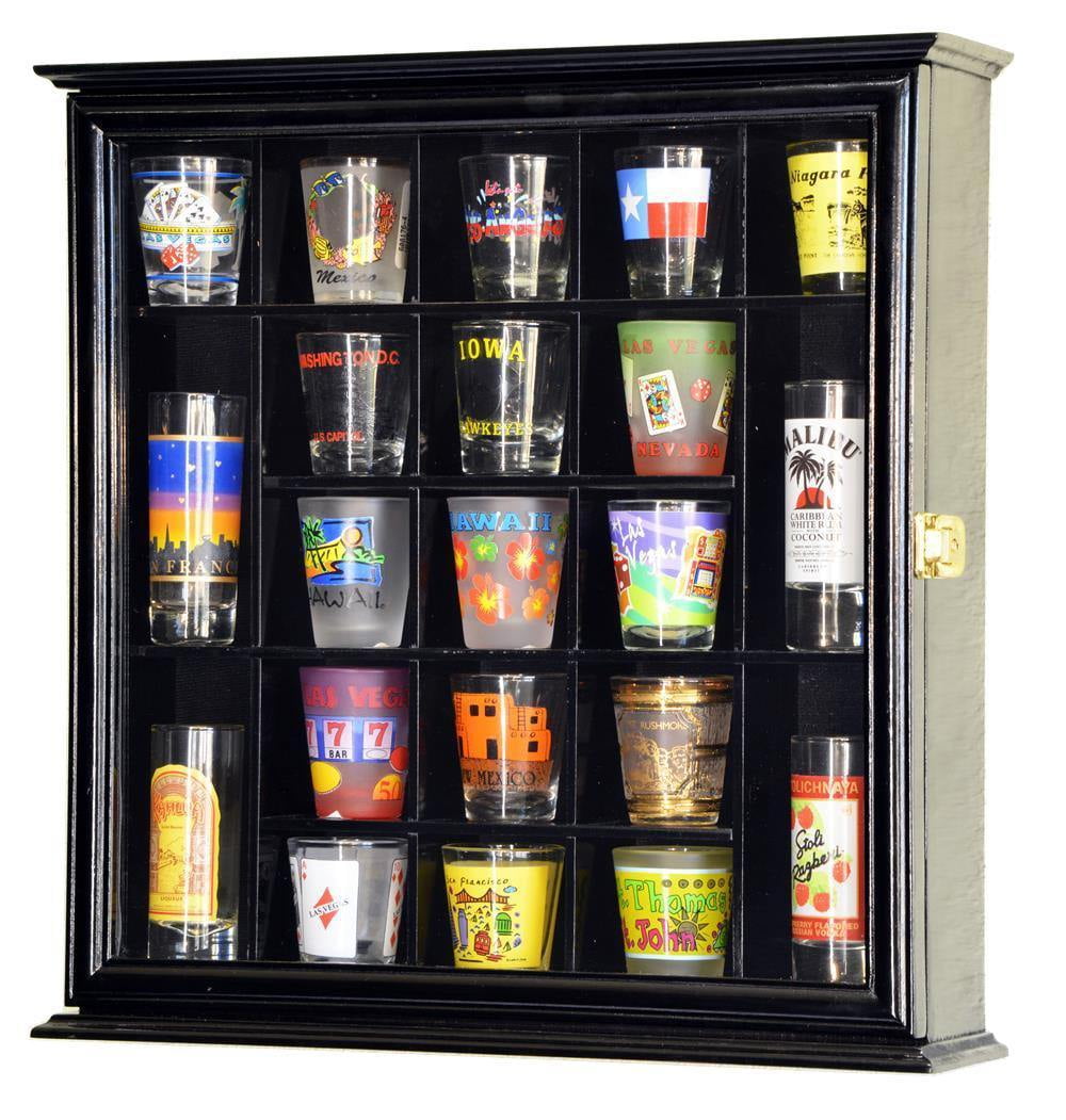 Black SC56-BL 56 Shot Glass Display Case Holder Cabinet  Rack Wall Shadow box 