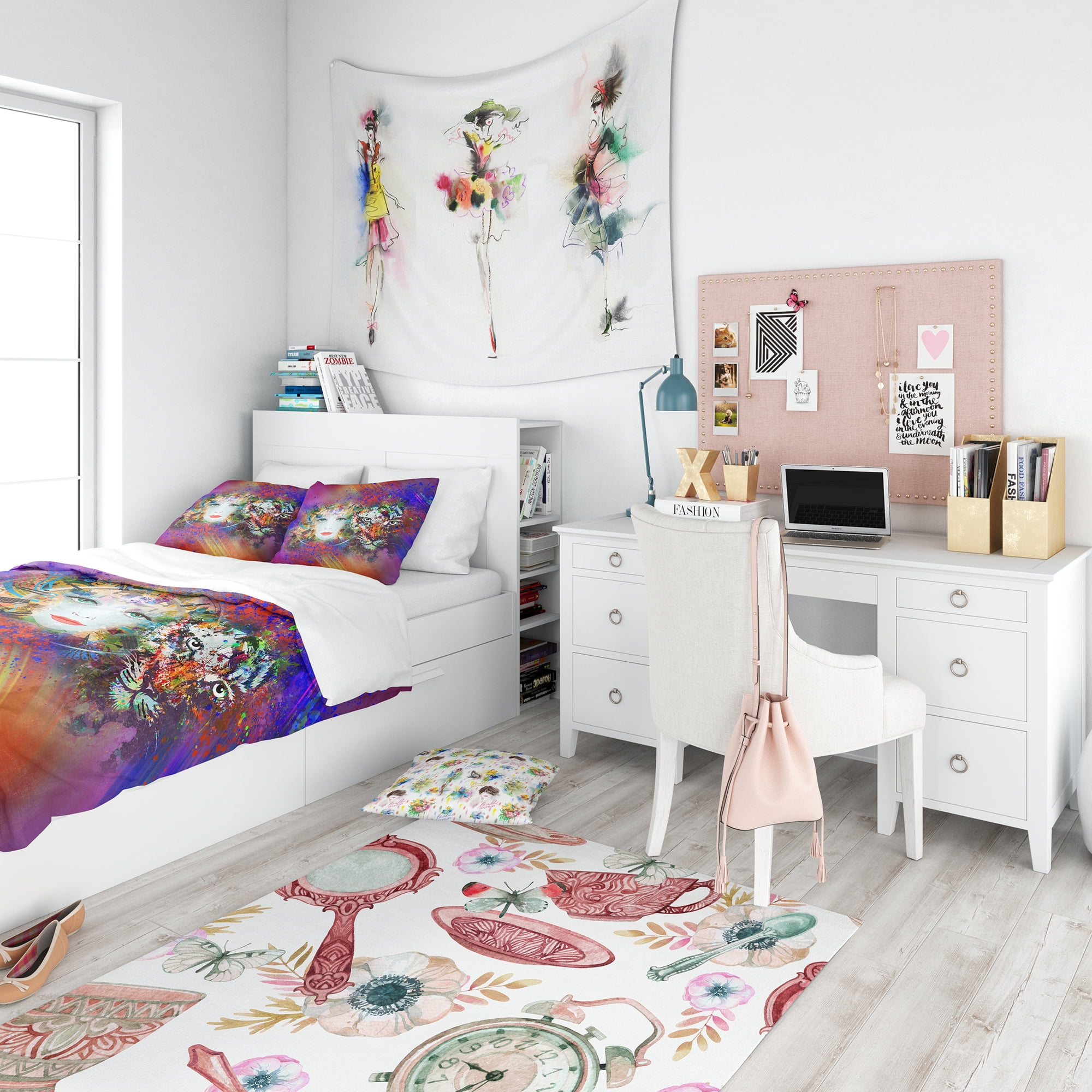 Designart 'Colorful Tiger and Woman Face' Modern Teen Duvet Cover Set