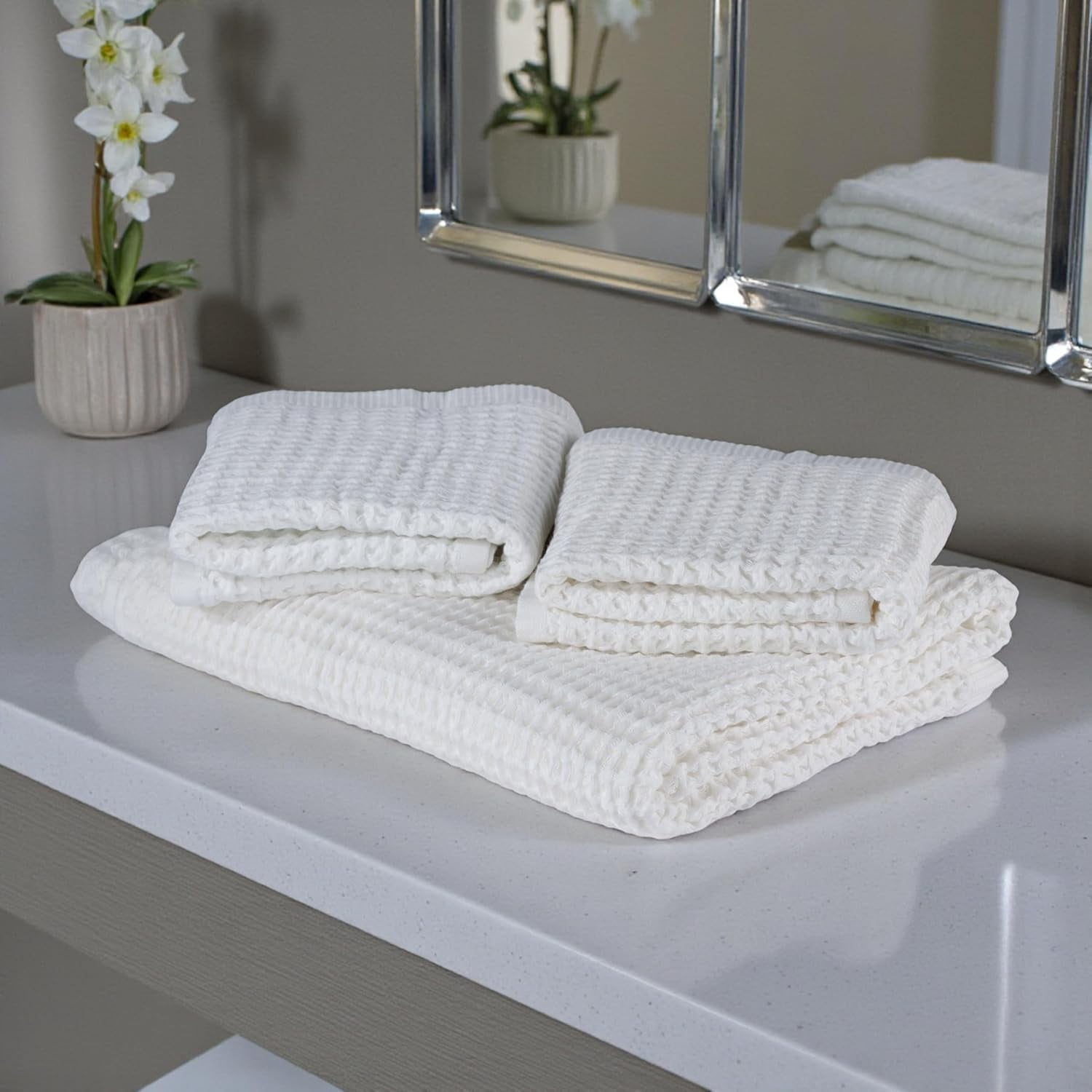 DEMMEX Organic Cotton Waffle Turkish Bath Towel, 60x30 in – 100% Oeko-TEX Certified Ultra Soft Premium Turkish Cotton - Lightweight Quick Dry Waffle Weave Turkish Towel (White)