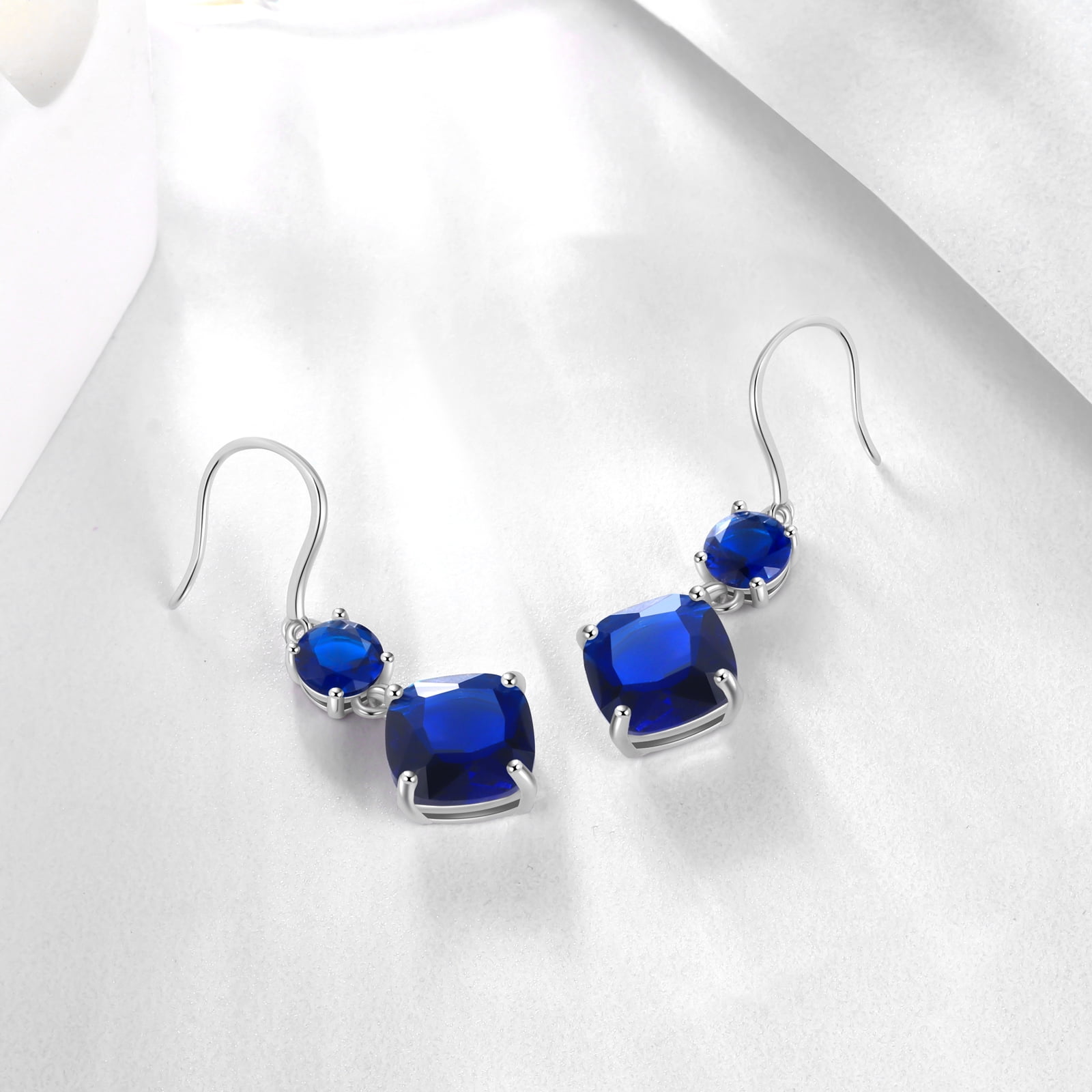 Juwaliy Women Blue Sapphire Dangle Earrings 925 Sterling Silver Hook September Birthstone Earring Cushion Jewelry Birthday Christmas Mother's Day Gift