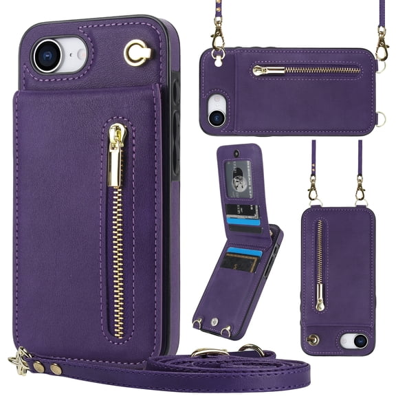 Crossbody Wallet Case for iPhone 16e with Card Holders RFID Shockproof Cover, Back Magnetic Flip Kickstand Zipper Slot Case, PU Leather Cover Handbag Shoulder Strap Phone Case,Purple