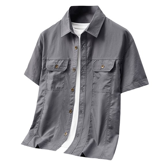 Cargo Shirt for Men Short Sleeve Multi-Pocket Summer, Casual Button Down Shirt Tops, Grey