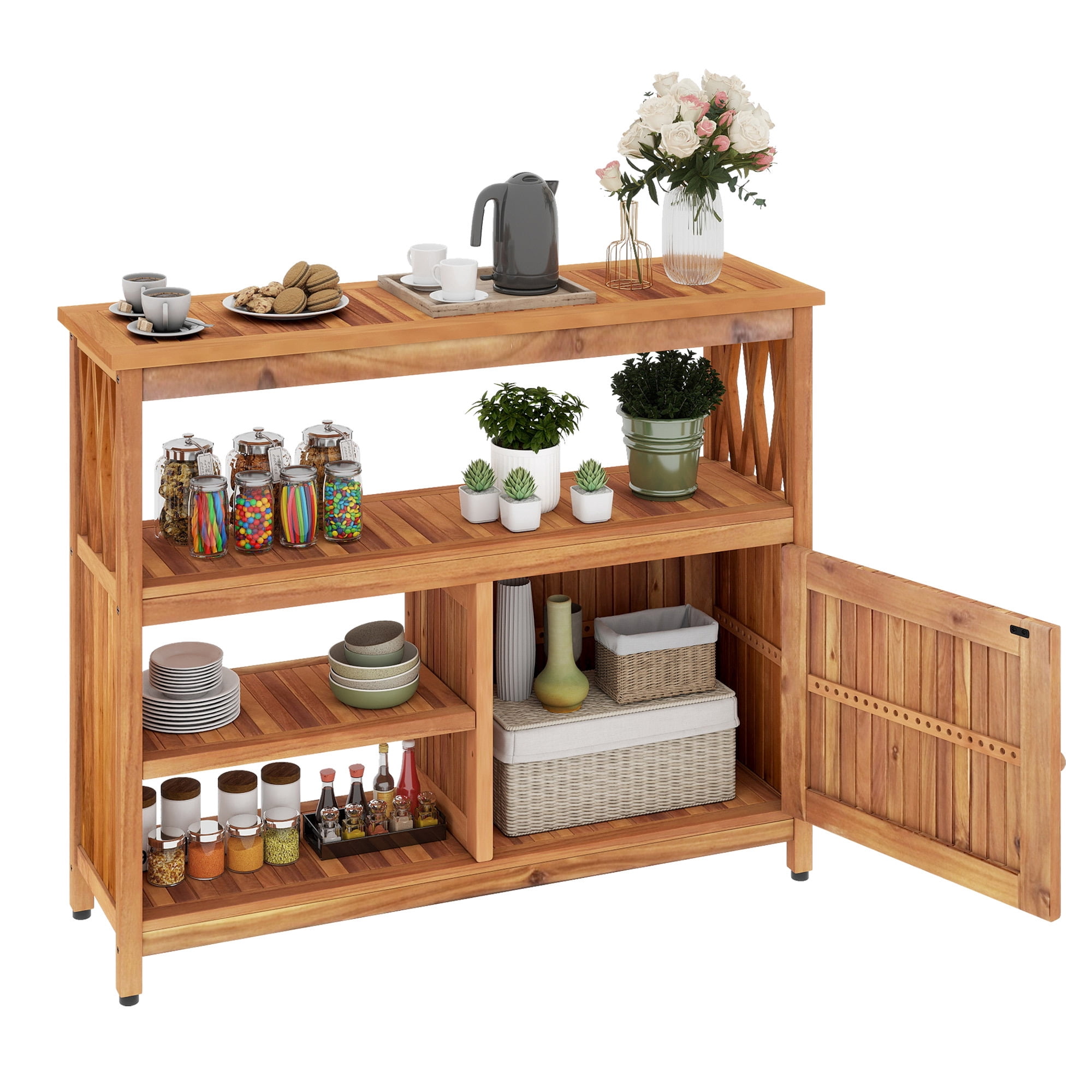 Uforic Patio Buffet Sideboard Cabinet with Doors & Shelves, 4-Tier Wood Storage Cabinet for Outdoor & Indoor, Natural
