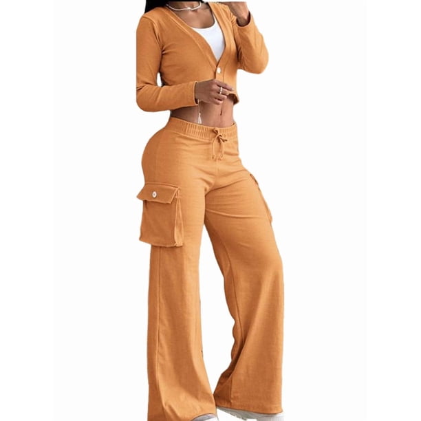Conjunto de Dos Piezas para Mujer: Blazer Corto, Chaqueta y Pantalón de Trabajo de Cintura Alta y Pierna Amarillo XL