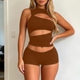 thumbnail image 2 of Arlun Women's 2 Piece Outfits Sleeveless Crew Neck Cut out Crop Top Bodycon Shorts Set Y2k Solid Color Stretchy Slim Fitted Summer Matching Sets for Night out Club Party Wear Brown M, 2 of 6