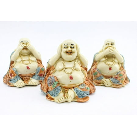 Set of 3 Small Feng Shui Hear See Speak No Evil Happy Face Laughing Buddhas Figurines