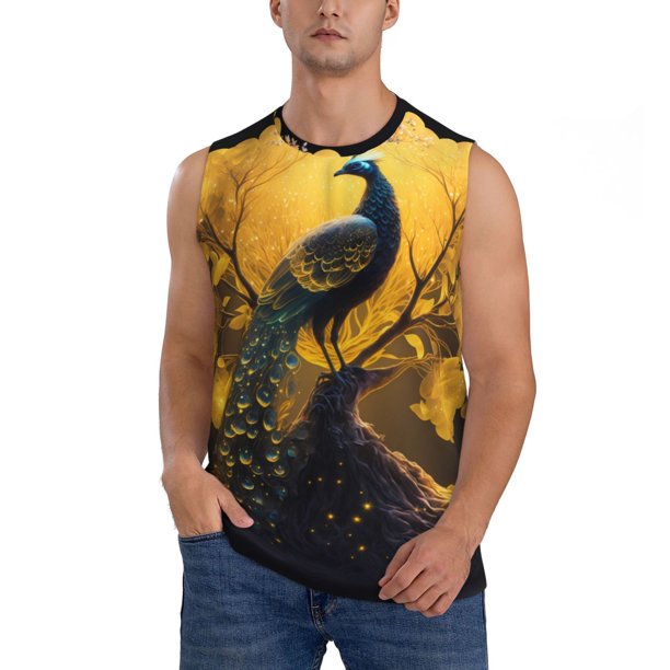 Fotbe Elegant Gold Leaf Peacock Men's Camiseta sin Mangas Estampada para Hombres, Playera Casual para Gimnasio, Entrenamiento, Playa-X-Large