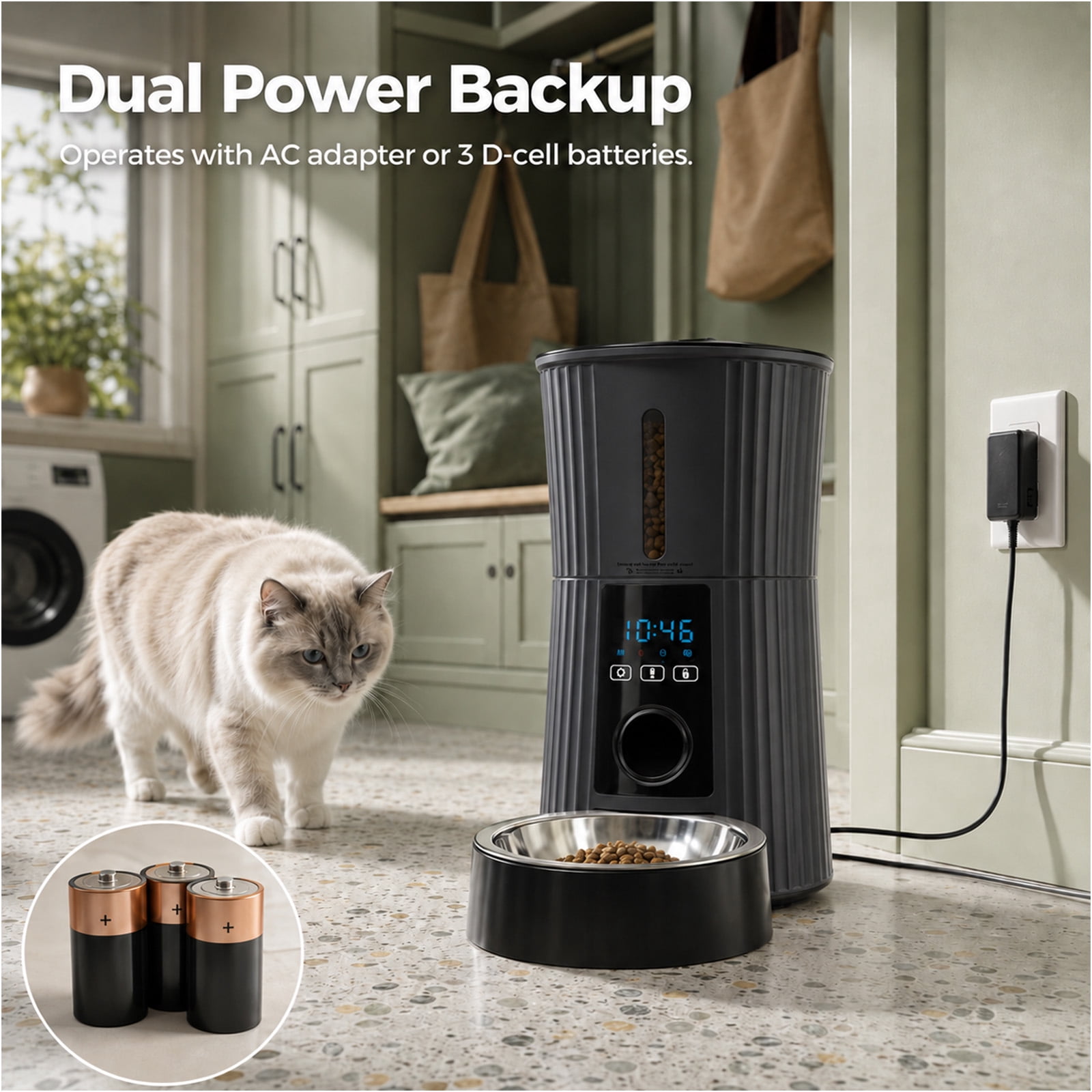 Alvantor Timed Automatic Cat Feeder, 4L Programable Dry Food Dispenser with Desiccant Bag Dual Power Supply 10S Voice Recorder, Smart Pet Feeder for Cats and Small Medium Dogs