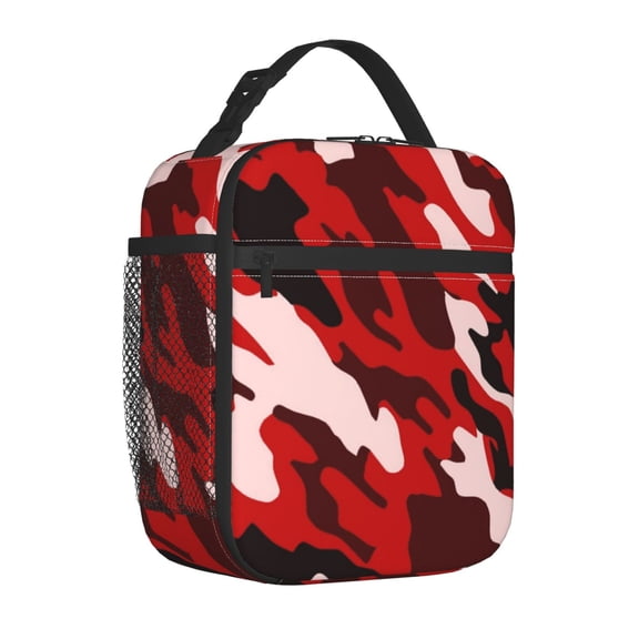 Red Camouflage Insulated Lunch Bag for Men Women Reusable Compact Cooler Tote Lunchbox