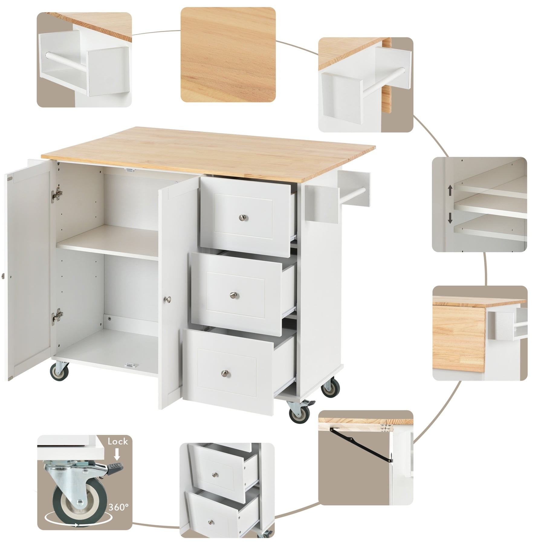 Alvantor 53'' Kitchen Island Carts, Mobile Buffet Cabinet with Drop Leaf, Spice Rack and Towel Rack for Dining Room Living Room White