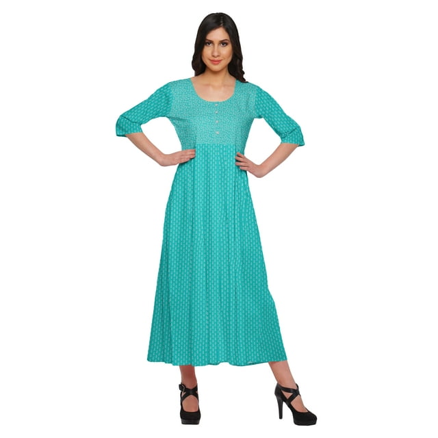 Moomaya Haut Indien Imprimé Robe Kurti Longue Tunique à Manches 3/4 Robes pour Femmes