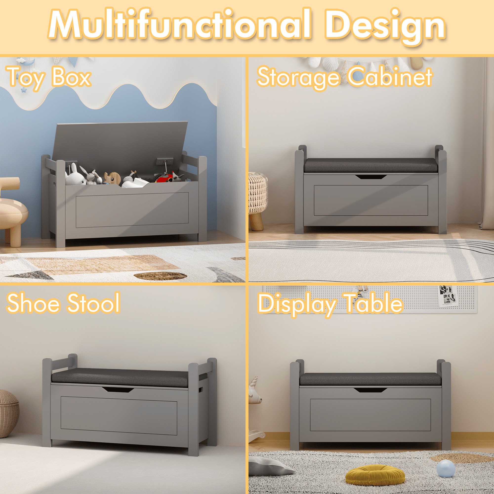 HOQBN Kids Toy Box Chest for Boys Girls,Large Toy Storage Organizer with Cushion Seat Bench,Flip-Top Lid & Safety Hinge for Nursery, Playroom,Gray