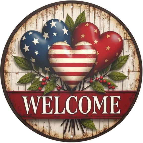 Patriotic Heart-Shaped Welcome Round Metal Sign, 8 x 8 Inch Hanging Door Decor with Flag and Rustic Wood Look, Outdoor Wall Art for Holiday Party Decoration