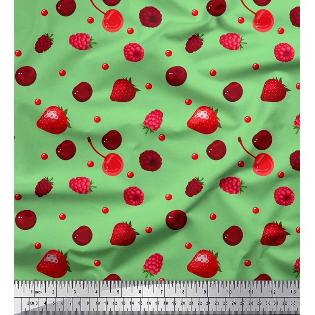 Soimoi Polyester Crepe Fabric Raspberry,Strawberry & Cherry Fruits Decor Fabric Printed Yard 52 Inch Wide