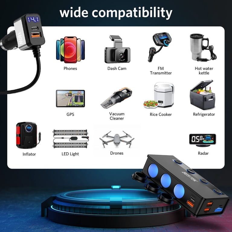 bestek cigarette lighter adapter Bestek 180w Cigarette Lighter Splitter, 3 Socket Car Cigarette Lighter Adapter with Pd36w/65w and Qc3.0 18w*4 Fast USB Charging Ports, LED Voltage