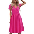 thumbnail image 4 of SMihono Women's Summer Casual Dress Short Sleeve Wrap V-Neck A-Line Dress Sundress Wedding Guest Cocktail Midi Dresses Hot Pink L, 4 of 5