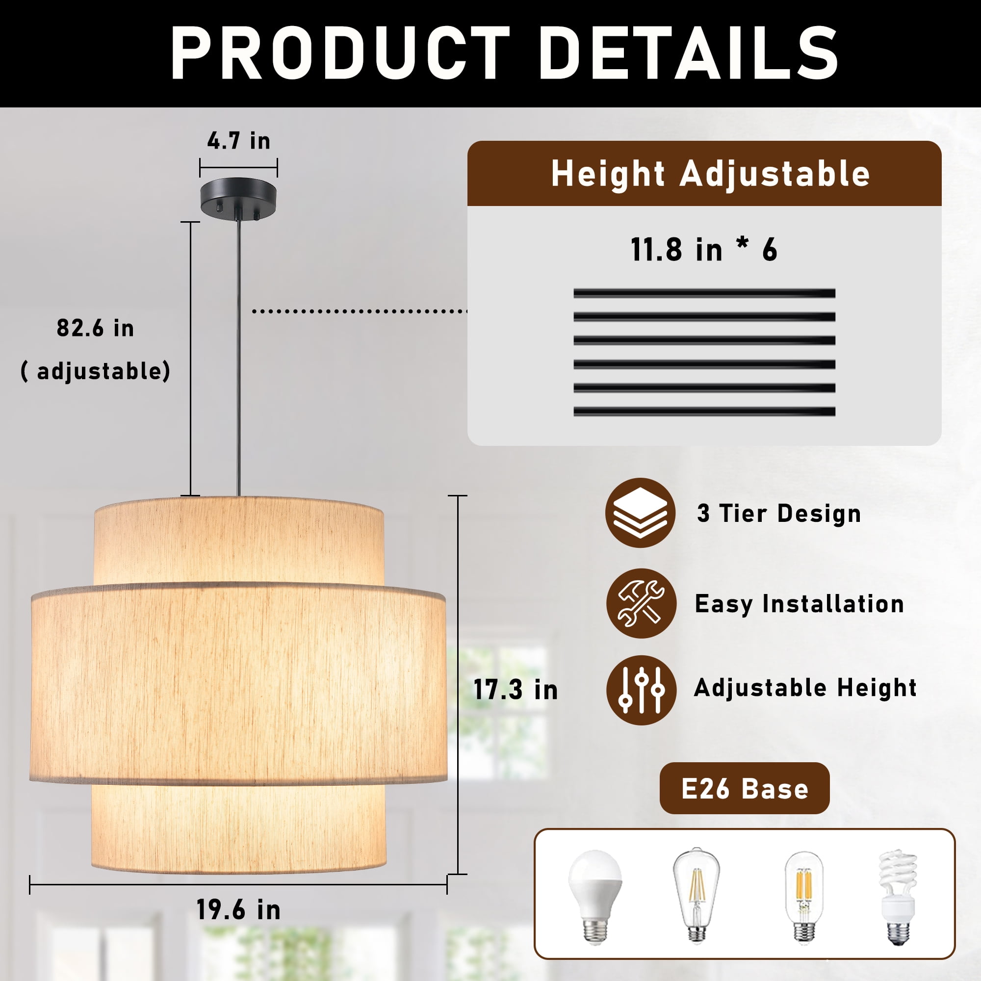 Uznhty 3-Tier Pendant Lights 19.7 inch Drum Chandeliers for Dining Room Light Fixture with Large Beige Linen Lamp Shade for Kitchen Island Living Room Foyer Bedroom E26