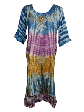 Mogul Womens Loose Caftan Dress Batik Embroidered Short Sleeves Round Neckline Blue Rayon Boho Chic Dresses L