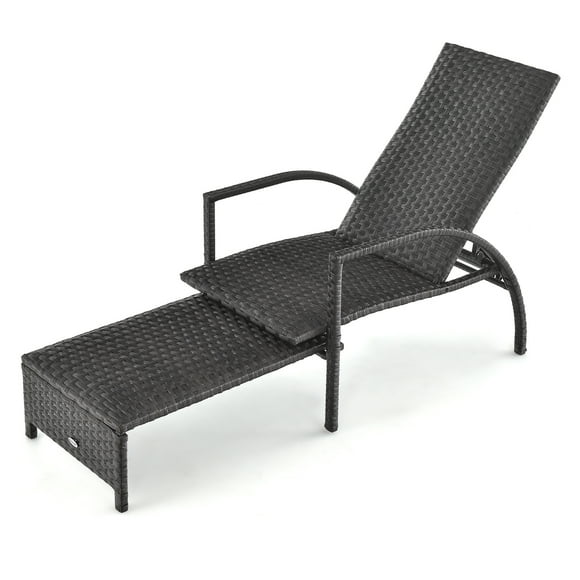 Costway Chaise Lounge para Patio, Tumbona de Ratán para Exteriores con Otomana Retráctil, Respaldo Ajustable en 5 Niveles, Estructura de Metal Reforzada, Silla Reclinable de Mimbre para Patio y Jardín