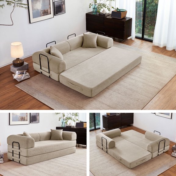 5-in-1 Folding Convertible Sofa Bed, 79" Corduroy Floor Couch Futon, Pull-Out Sleeper Loveseat, Modular Boneless Sofa for Living Room & Bedroom, Beige